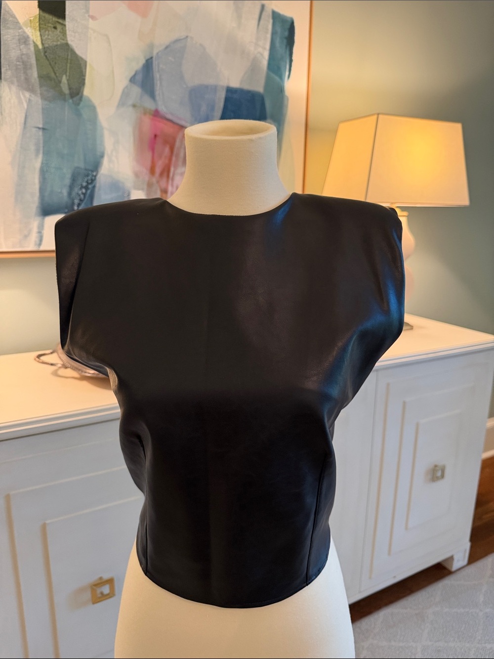 Black Faux Leather Cap-Sleeve Top